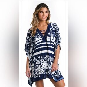 La Blanca Resortwear Beach Bungalow Lace Front Caftan Beach Cover-Up navy/whNWT